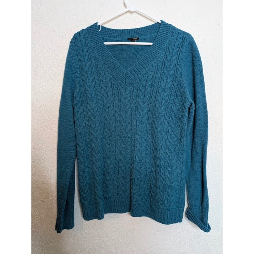 Talbots Womens XL Merino Wool Blend Fishman Knit Sweater Blue Green Classic Work